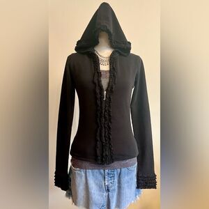 Vintage Juicy Couture Black Ruffled Zip Up Hoodie Jacket SZ M
